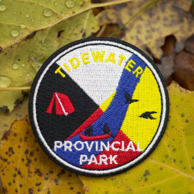 Round embroidered park crest patch for Tidewater Provincial Park