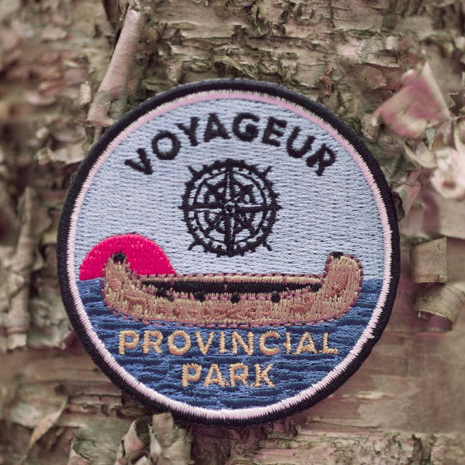 Round embroidered park crest patch for Voyageur Provincial Park