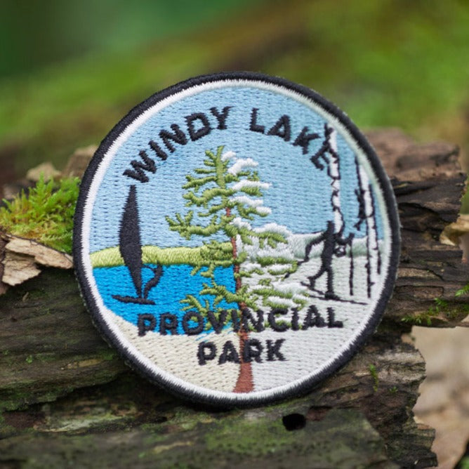 Round embroidered park crest patch for Windy Lake Provincial Park