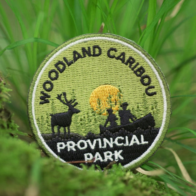 Round embroidered park crest patch for Woodland Caribou Provincial Park