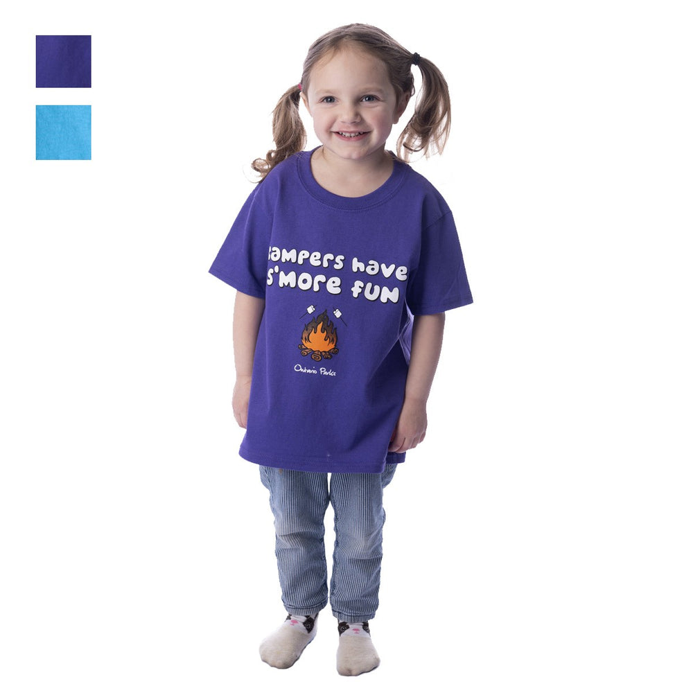 Girl wearing Unisex Youth Purple Camper's Have S'more Fun T-shirt. Marshmallow, campfire and text screened on centre chest.