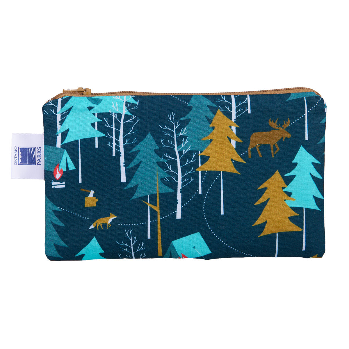 Camp bag shows print of trees and animals