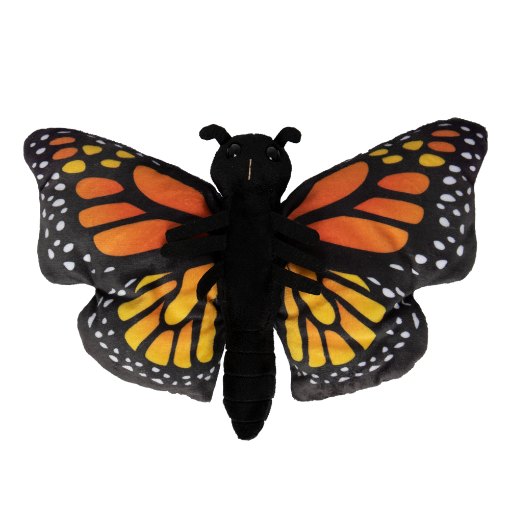 A monarch plush with a black body and yellow, orange, white and black-spotted wings. 