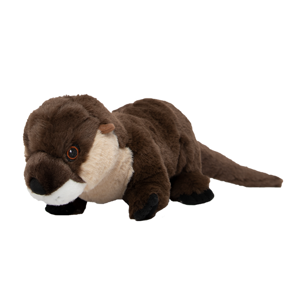 An otter stuffed animal with a brown body, light brown chest, white snout, and long tale. 
