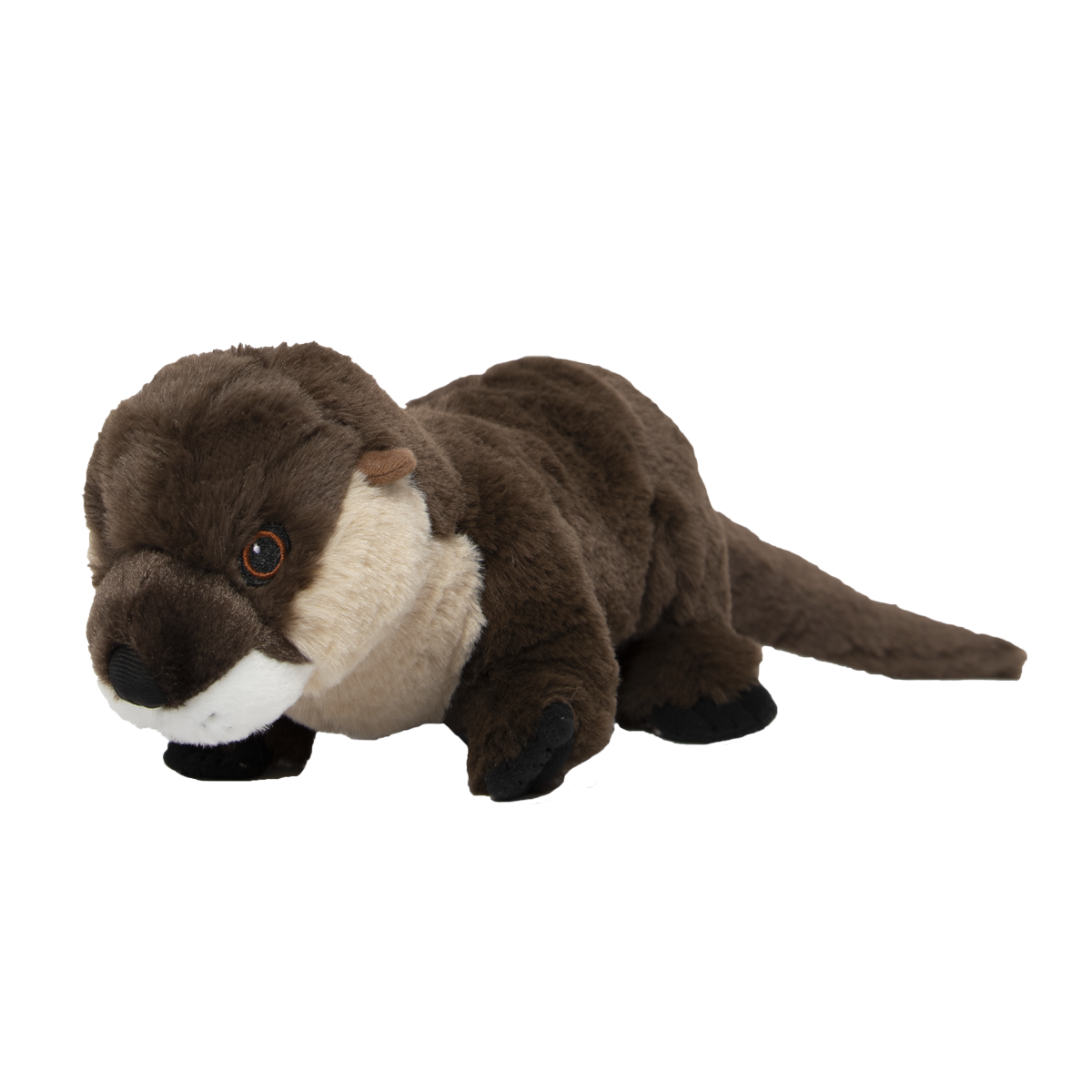 An otter stuffed animal with a brown body, light brown chest, white snout, and long tale. 