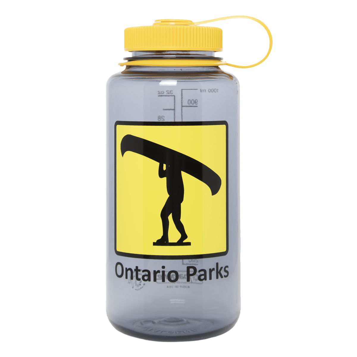 A grey Nalgene with the yellow and black portage icon and "Ontario Parks" in text below. A yellow-coloured lid. 