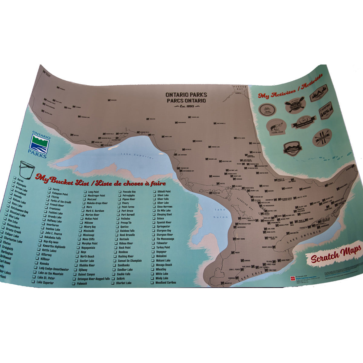 Product image of Ontario Parks Scratch Map, laid flat on white background. 