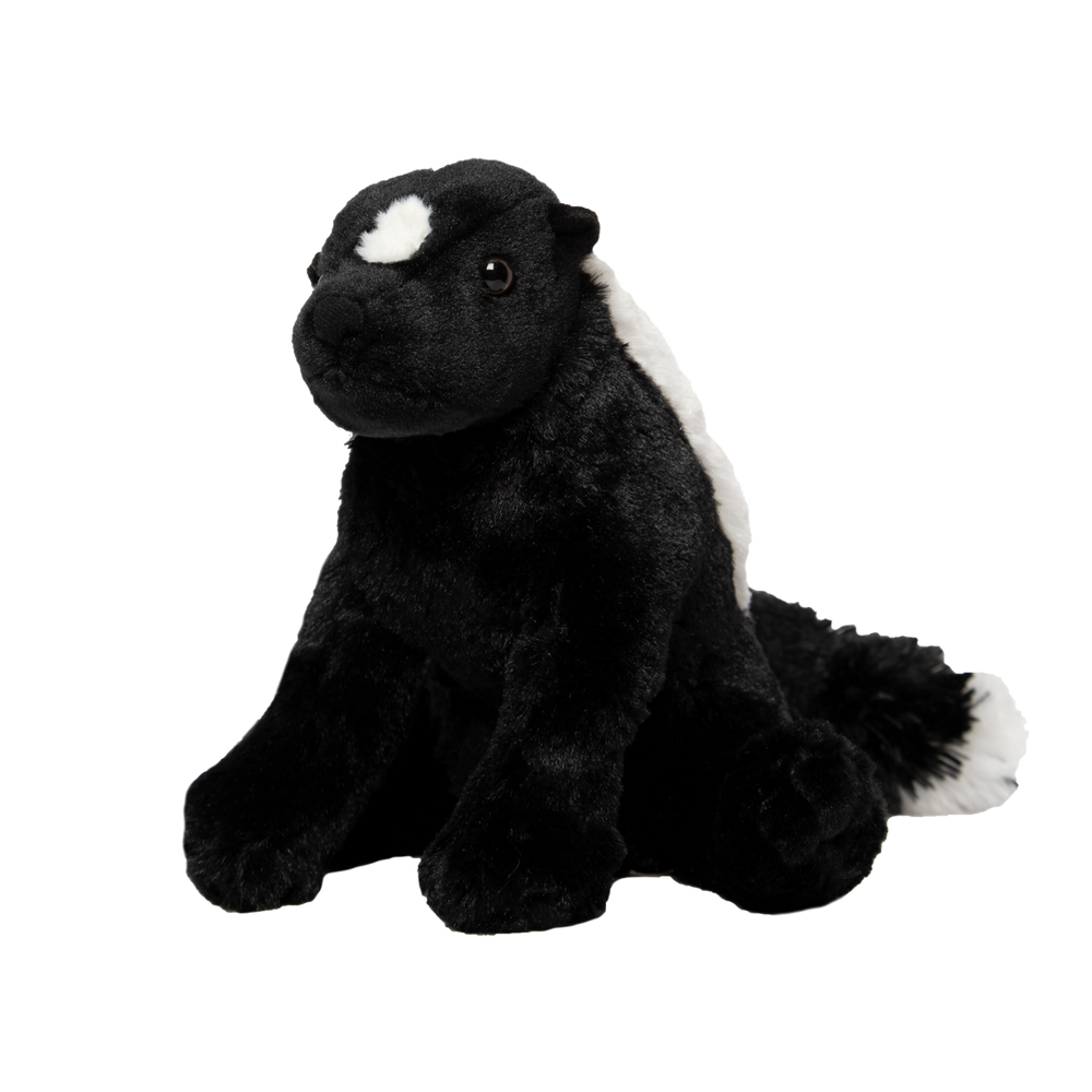 The front of a skunk stuffed animal with a black body and two white stripes down it's back and tail. 