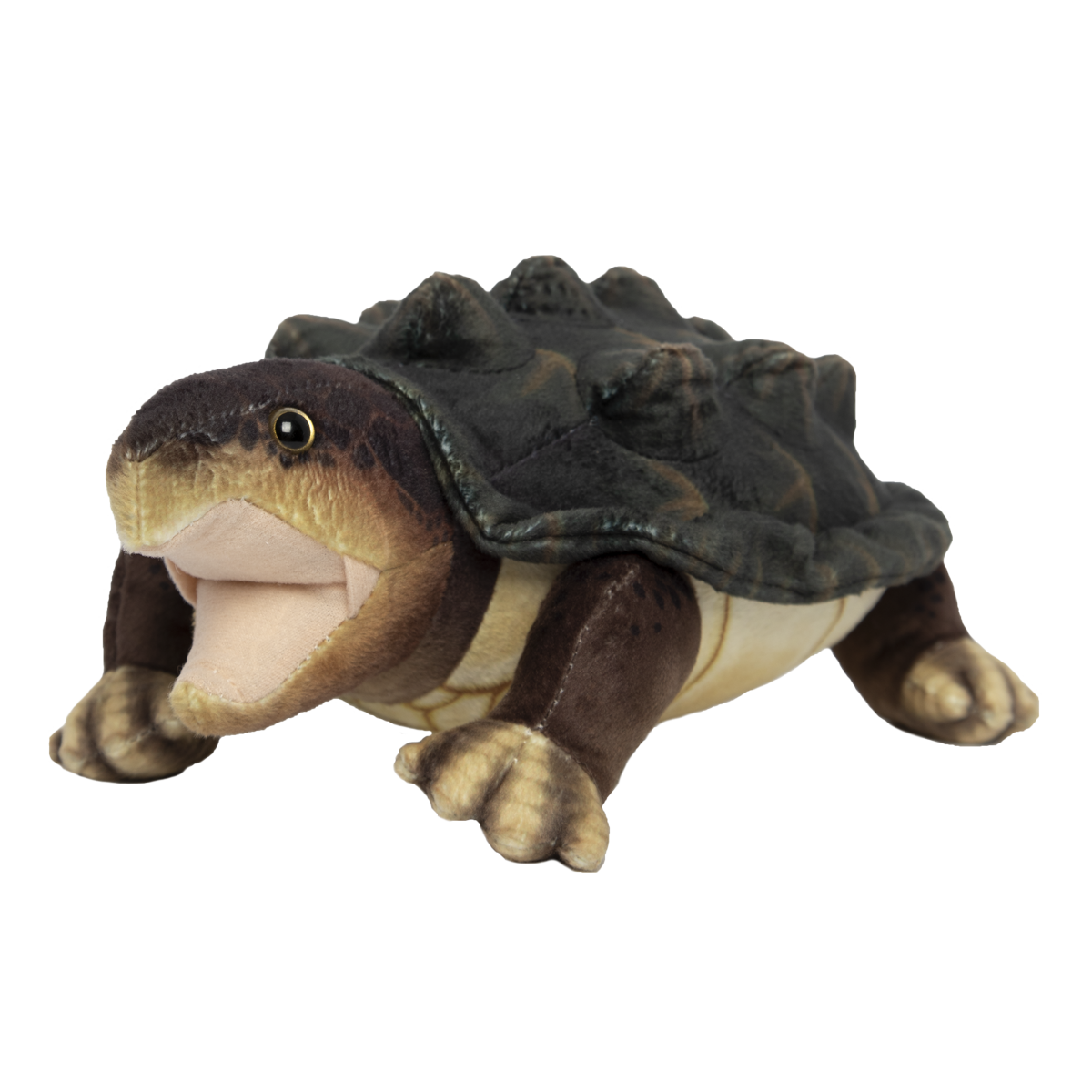 A snapping turtle plush with a brown and yellow head and feet and a green shell. 