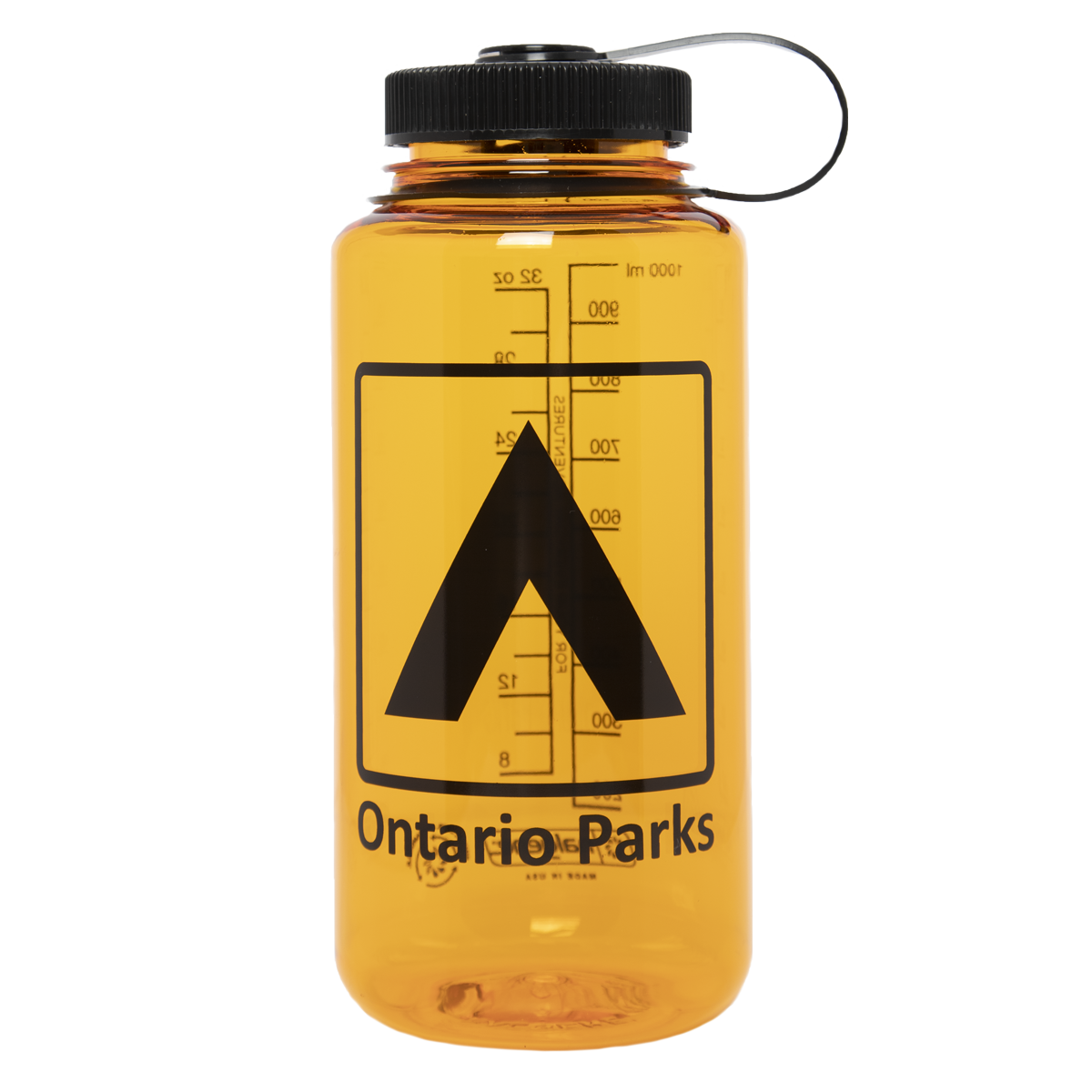 An orange Nalgene with the tent icon and "Ontario Parks" in text below. A black-coloured lid. 